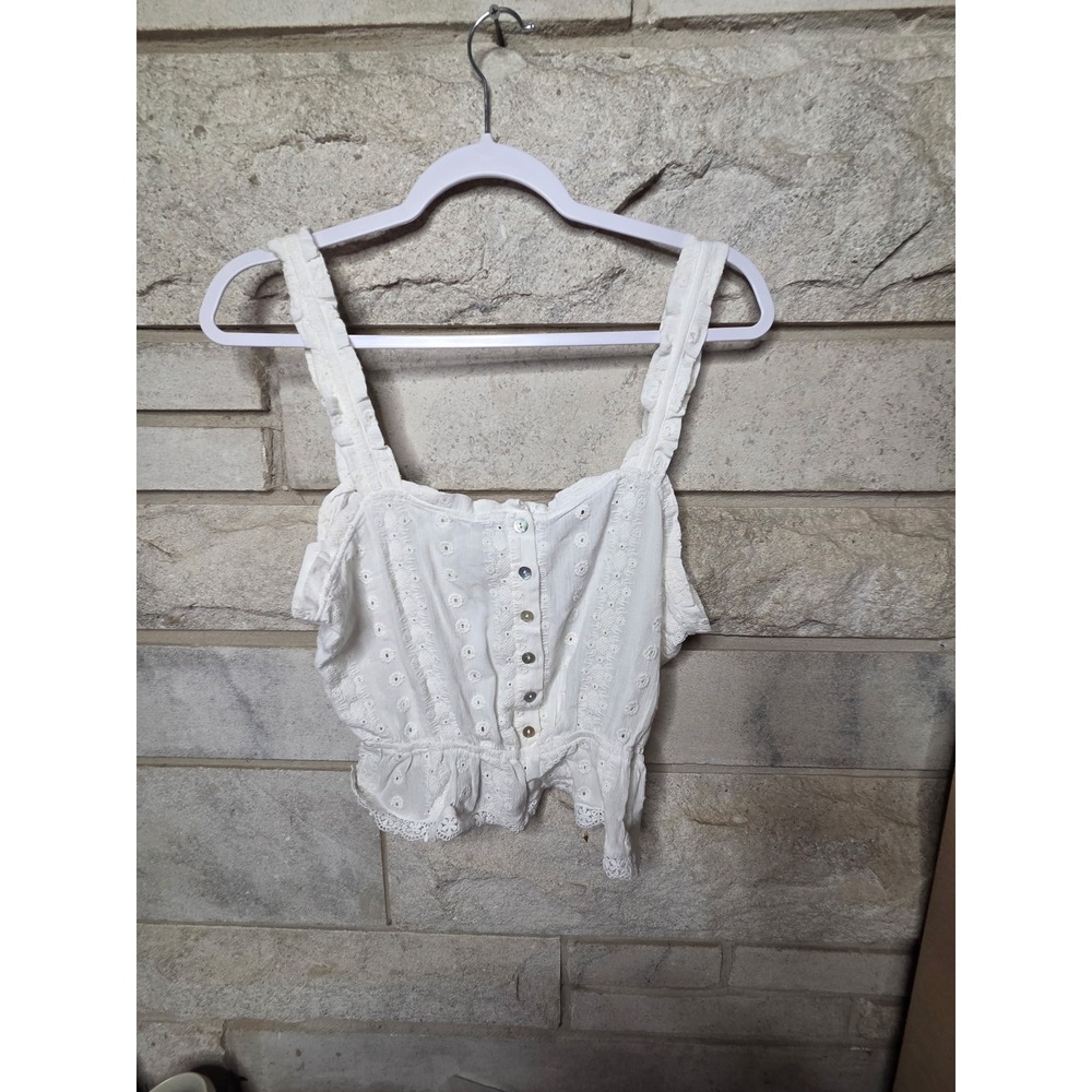 White Eyelet Lace Button Front Crop Top Ruffle Strap Peplum Blouse Womens Small